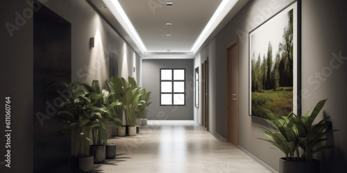Modern corridor interior in apartment building or hotel with green plants in pots on floor and picture on wall. Generative AI.