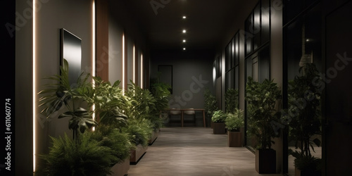 Modern hall interior with a lot of green plants standing on floor in pots. Generative AI. © Maria