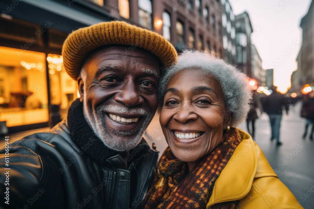 Close-up portrait of african american seniors smiling looking at camera. Generative AI. Close-up portrait of african american seniors smiling looking at camera. Generative AI.