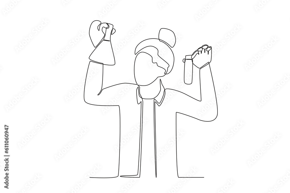 A researcher holding an Erlenmeyer and a test tube. Researcher one-line drawing A researcher holding an Erlenmeyer and a test tube. Researcher one-line drawing