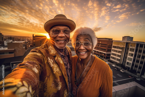 Happy elderly couple on roof of building smiling taking selfie. Generative AI.