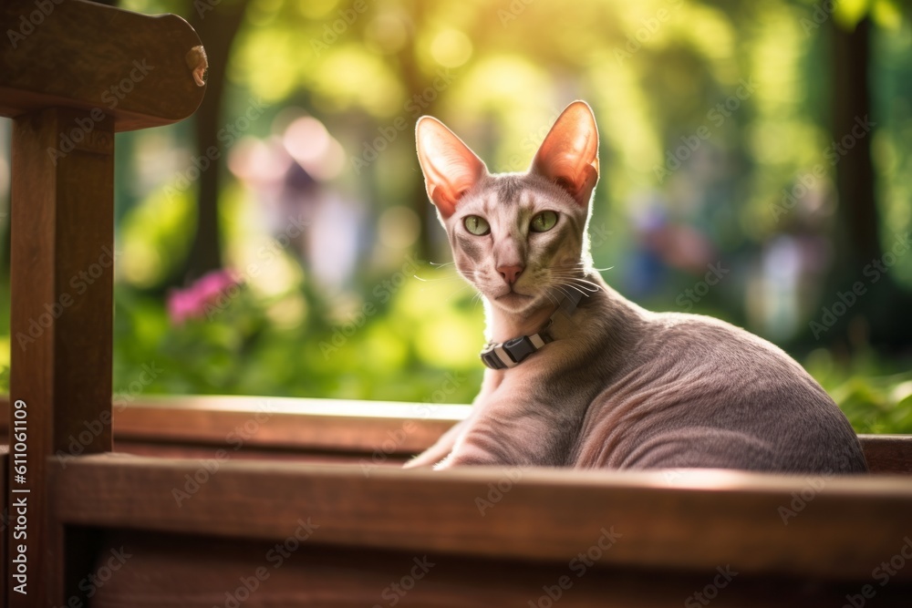 Lifestyle portrait photography of a happy oriental shorthair cat investigating against a picturesque park bench. With generative AI technology
