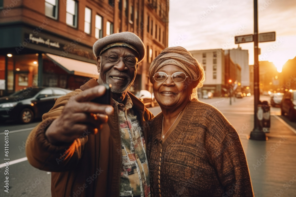 Naklejka premium African american elderly couple taking selfie on street. Generative AI.