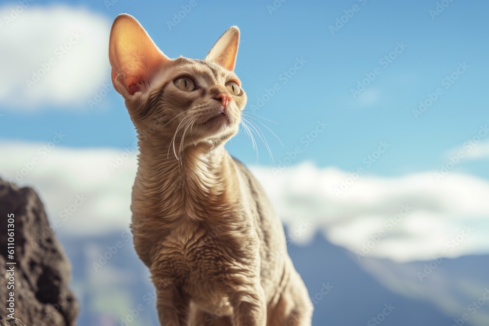 Full-length portrait photography of a curious devon rex cat begging for food against a scenic mountain view. With generative AI technology