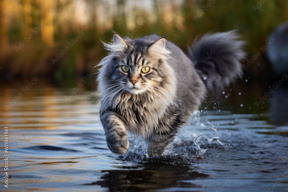 Environmental portrait photography of a funny siberian cat pouncing against a tranquil lake. With generative AI technology Environmental portrait photography of a funny siberian cat pouncing against a tranquil lake. With generative AI technology