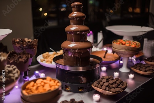 chocolate fountain in the center of a party  surrounded by plates and napkins  created with generative ai