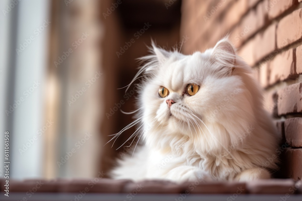 Lifestyle portrait photography of a curious persian cat back-arching against a classic brick wall. With generative AI technology