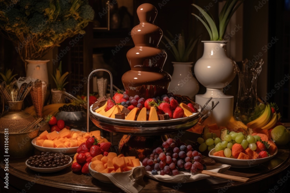 a chocolate fountain surrounded by different types of pastries and fruit for dipping, created with generative ai