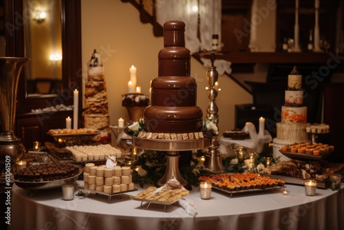 wedding reception with elegant chocolate fountain and fondue station, surrounded by other desserts, created with generative ai