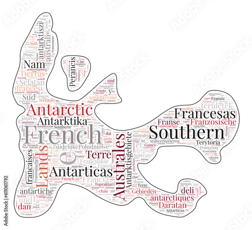 TAAF shape filled with country name in many languages. TAAF map in wordcloud style. Neat vector illustration. photo