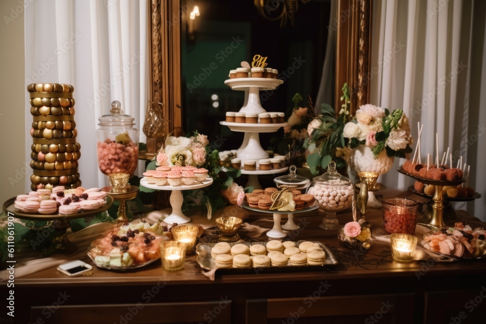 stylish and decadent dessert table with classic and gourmet cupcakes, mini pies, macarons, and pastries, created with generative ai