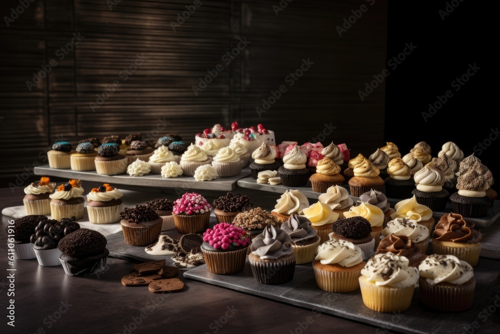display of classic and gourmet cupcakes with mix-and-match frostings, toppings and cake flavors, created with generative ai