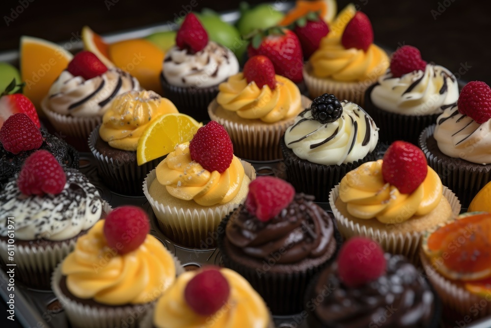 tray of gourmet cupcakes in variety of flavors, garnished with fresh fruit, created with generative ai