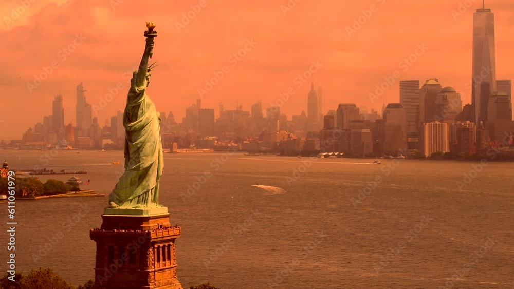 Aerial drone video Statue of Liberty orange fog from Canada fires 2023