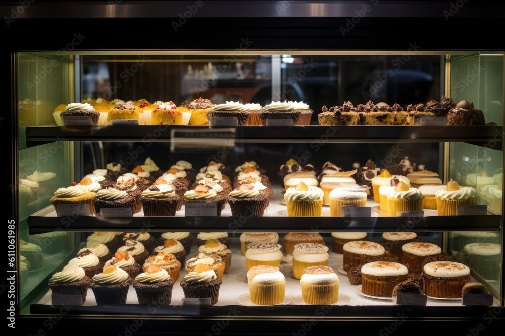 display of classic and gourmet cupcakes in bakery window, enticing passersby, created with generative ai
