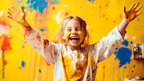 young girl laughing as she paints a bright sun on a canvas. Her hands, covered in yellow paint, summer vibe, Generative AI