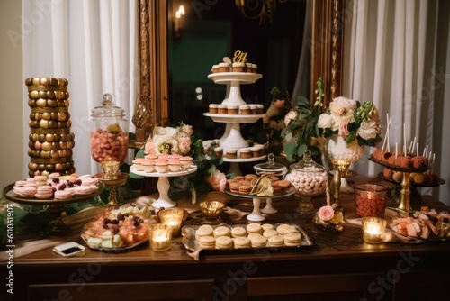 stylish and decadent dessert table with classic and gourmet cupcakes  mini pies  macarons  and pastries  created with generative ai