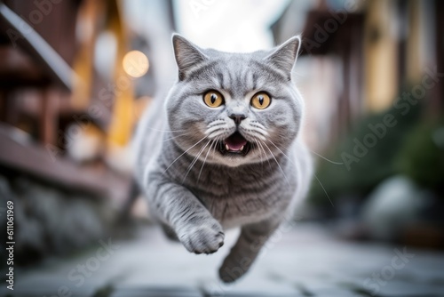 Medium shot portrait photography of a happy british shorthair cat leaping against a lively street. With generative AI technology