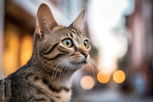 Environmental portrait photography of a curious savannah cat corner rubbing against a lively street. With generative AI technology