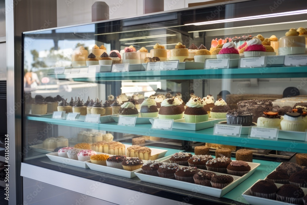modern bakery, with display case full of colorful and artistic cupcakes, created with generative ai