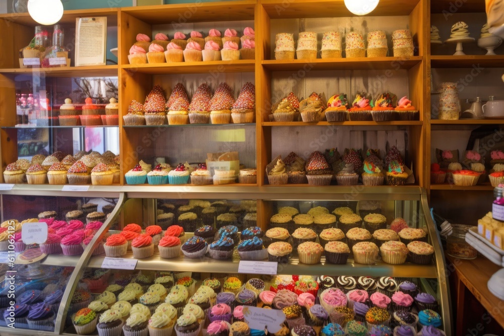 baked goods store, with shelves of colorful and creative cupcakes for customers to choose from, created with generative ai