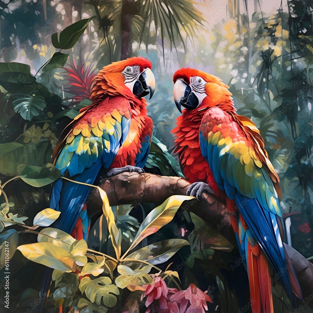 Generative AI illustration of two big parrots in tropical area 