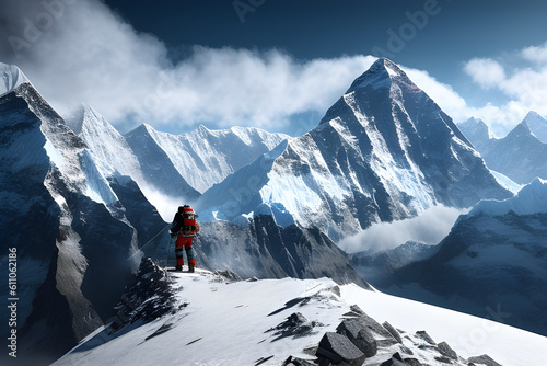 A man conquered a high mountain and stands on the top of the mountain. Alpine climb. The conqueror of the highest mountains, everest. generative AI