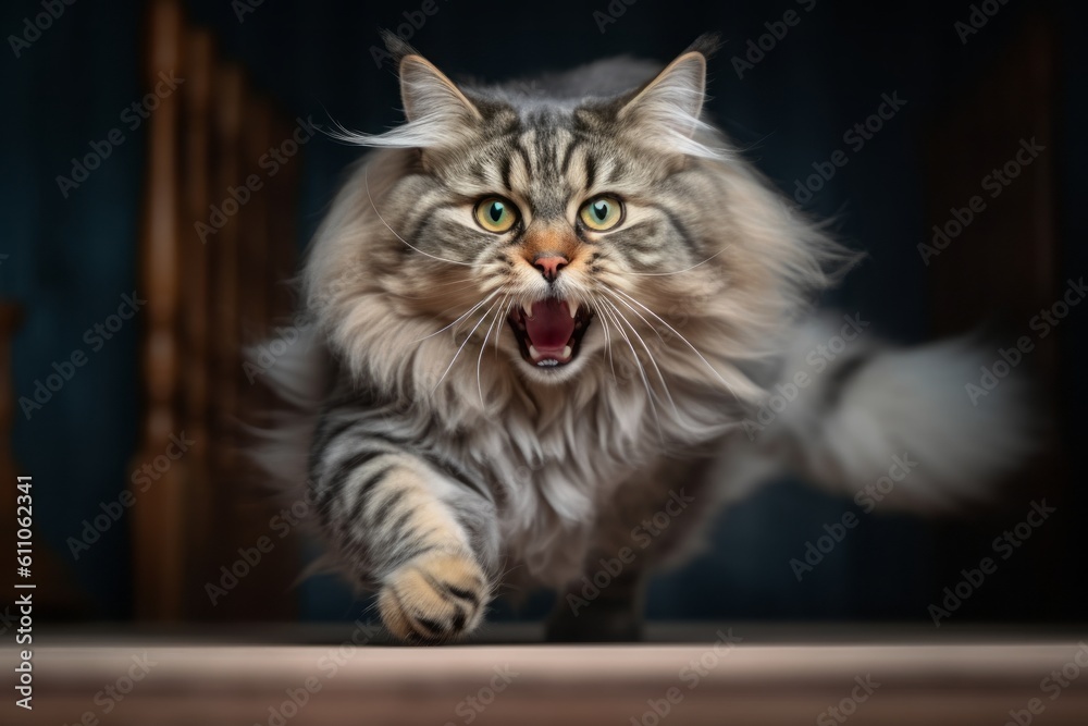 Medium shot portrait photography of a curious siberian cat pouncing against a sophisticated studio backdrop. With generative AI technology