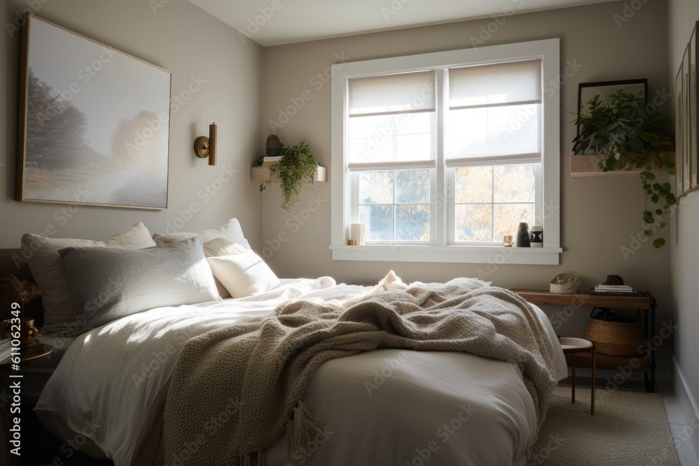 calm and peaceful bedroom with minimal clutter, natural lighting & neutral colors, created with generative ai
