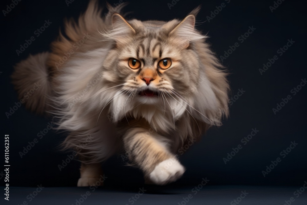 Medium shot portrait photography of a curious siberian cat pouncing against a sophisticated studio backdrop. With generative AI technology