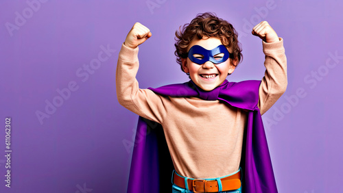 young boy in a superhero costume, striking a triumphant pose with a wide grin, Generative AI photo
