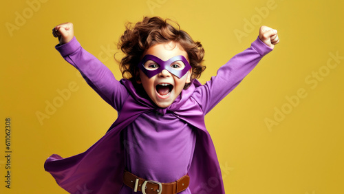 Foto young boy in a superhero costume, striking a triumphant pose with a wide grin, G