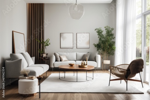 trendy and minimalist living room with accent furniture, lighting, and furnishings, created with generative ai © altitudevisual