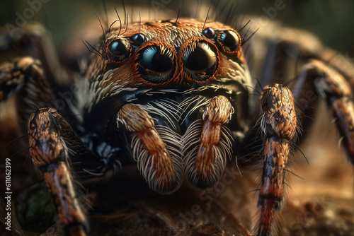 Super macro image of Jumping spider (Salticidae, Hyllus diardi male), at high magnification, Created using generative AI tools.