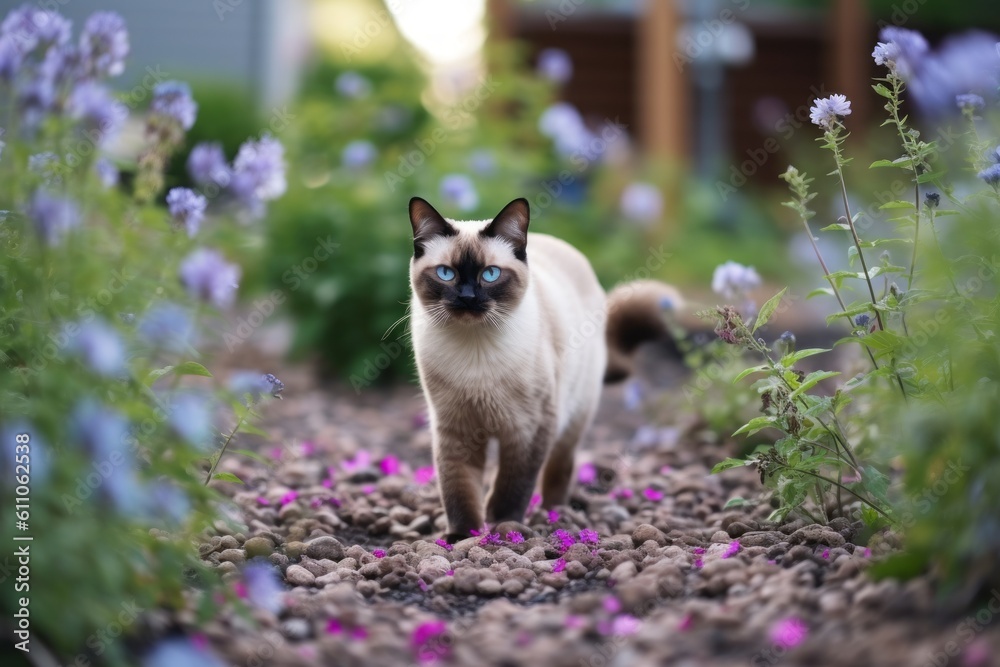 Full-length portrait photography of a cute siamese cat tail wagging against a lush flowerbed. With generative AI technology
