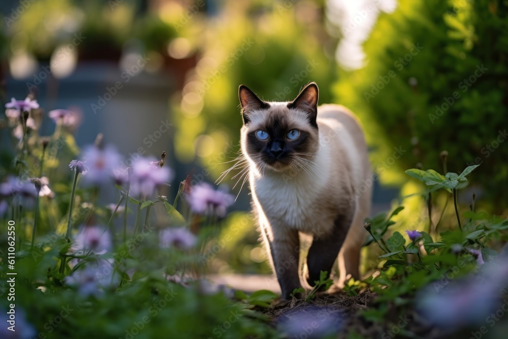 Full-length portrait photography of a cute siamese cat tail wagging against a lush flowerbed. With generative AI technology Full-length portrait photography of a cute siamese cat tail wagging against a lush flowerbed. With generative AI technology