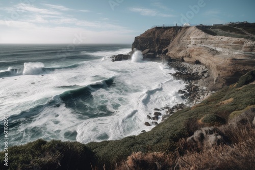 wide-angle shot of cliffside with waves crashing against the rocks and tide coming in, created with generative ai © altitudevisual