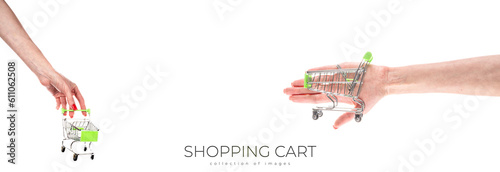 Empty mini shopping cart or trolley shopping isolated on white background, concept shopping in supermarket. Top view