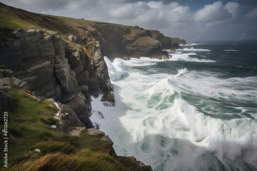 dramatic coastline with towering cliffs and crashing waves, created with generative ai dramatic coastline with towering cliffs and crashing waves, created with generative ai