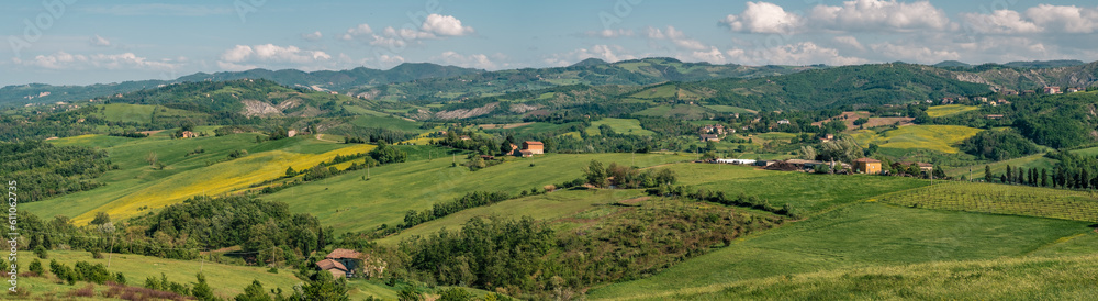 Panoramic view of the hilly agricultural landscape of the province of Bologna