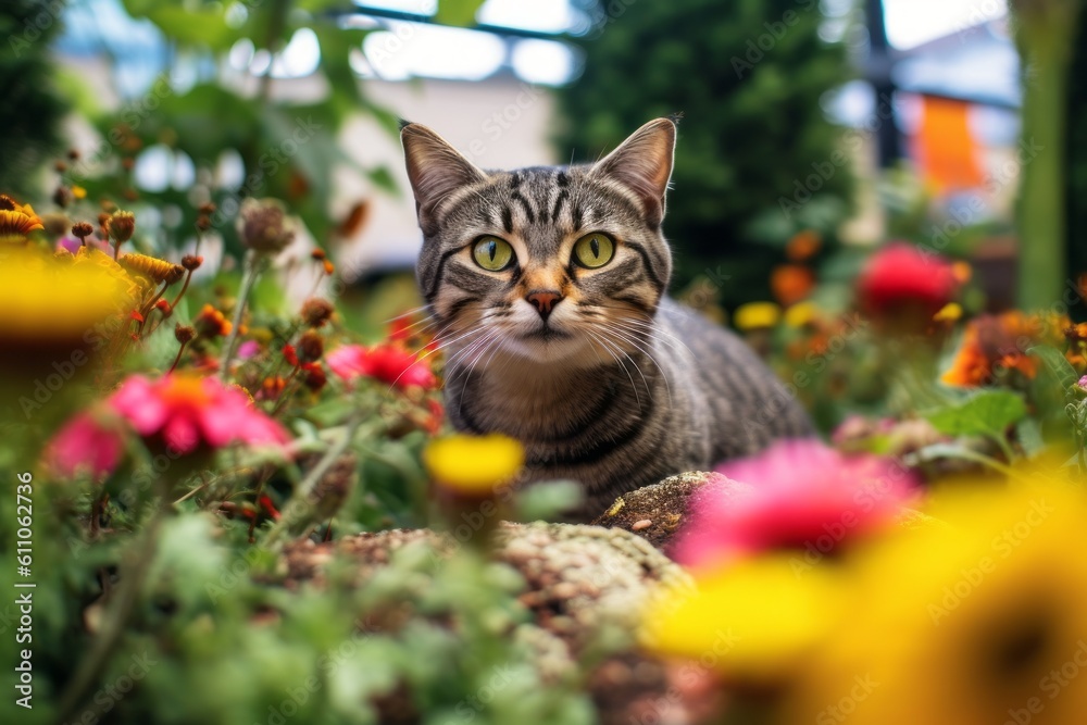 Group portrait photography of a cute tabby cat begging for food against a lush flowerbed. With generative AI technology