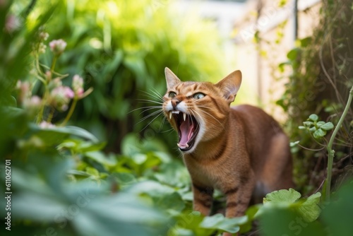 Full-length portrait photography of a cute abyssinian cat growling against a lush flowerbed. With generative AI technology