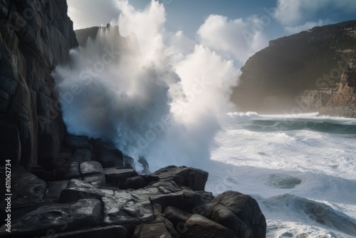 majestic cliff face with waves crashing against the rocks, spray flying in the air, created with generative ai