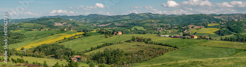 Panoramic view of the hilly agricultural landscape of the province of Bologna