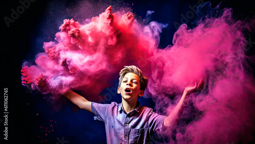 boy playfully blowing a cloud of vibrant, colored chalk powder into the air, summer vibe, Generative AI