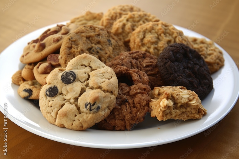 plate of assorted cookies, including chocolate chip, oatmeal raisin and peanut butter, created with generative ai plate of assorted cookies, including chocolate chip, oatmeal raisin and peanut butter, created with generative ai
