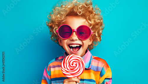 child wearing oversized sunglasses and a broad grin, playfully holding a giant rainbow-colored lollipop, summer vibe, Generative AI