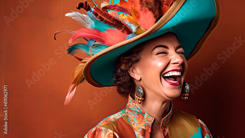 woman laughing while wearing a large, extravagant, multicolored hat, summer vibe, Generative AI