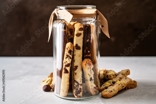 biscotti jar filled with different varieties of biscotti, including chocolate chip and cinnamon, created with generative ai photo