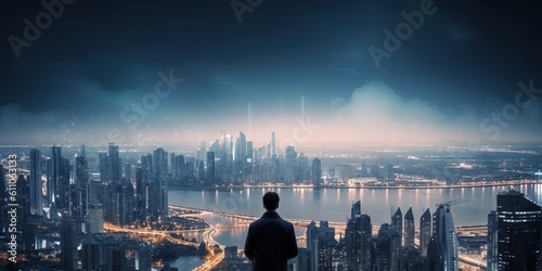 panorama of the futuristic city, technology, future,  smart city, dawn, night photo